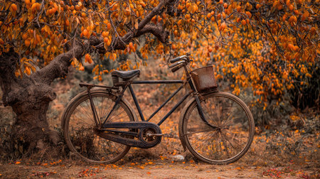 An aged bicycle rests beneath a tree adorned with golden leaves. The composition showcases warm colors, a rustic texture, and soft lighting suggesting a tranquil daytime scene. The image presents potential applications for editorial content, creative projects, or visual storytelling regarding travel.の素材