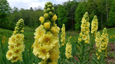 Bright yellow flowers are showcased in this image, standing tall with textured petals. The composition reveals a lush environment featuring varying shades of green foliage and trees under a daytime sky. This photograph could be used for various commercial or editorial projects related to nature.の素材