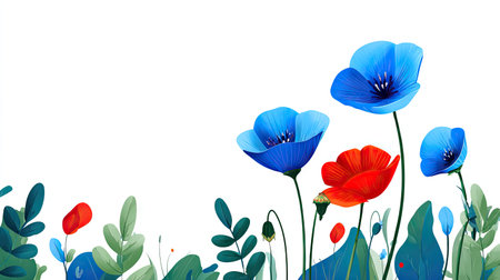 This watercolor illustration showcases a variety of colorful flowers including red and blue blossoms, with green foliage. The artwork exhibits a soft, artistic style with a clean white background. It could be used in various commercial projects, such as for decorative elements or in designs needing a touch of nature.の素材