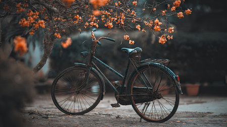 A bicycle stands beneath a tree with orange flowers, the scene bathed in soft, diffused light. The composition features blurred elements and a shallow depth of field, highlighting the bicycle. This image could be used for various commercial projects and editorial content, including advertising and website design.の素材