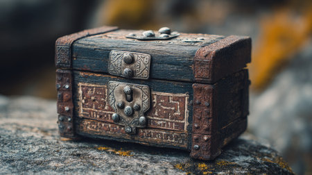 An aged treasure chest, featuring intricate metalwork and wooden construction, rests on a textured rock. The chest displays shades of brown and gray, with visible details. The scene suggests an outdoor setting with diffused lighting. It is suitable for commercial uses, including illustrations and editorial projects.の素材