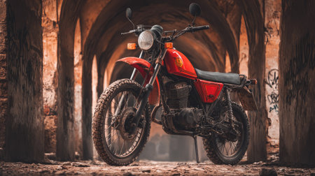 A classic red motorcycle is positioned inside a stone tunnel with arched ceilings. The image displays a vintage aesthetic with warm tones, possibly lit by overhead natural light. The composition features a symmetrical arrangement, offering a sense of depth. This image would be suitable for various commercial uses, including transport, design, or historical contexts.の素材