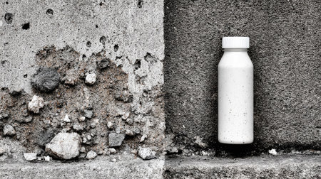 A white bottle stands starkly against a weathered, textured wall. The image presents a contrast of smooth and rough surfaces, possibly suggesting themes of preservation or contrast. The composition uses high contrast and monochrome elements. Suitable for conceptual illustrations, design projects, and advertising needs.の素材