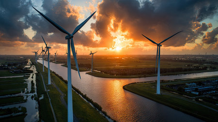 The image showcases wind turbines positioned along a waterway at sunset. The composition displays vibrant colors and textures, with the sun casting a warm glow across the sky and reflecting in the water. This scene suggests an outdoor environment and is suitable for various commercial and editorial applications, emphasizing renewable energy.の素材