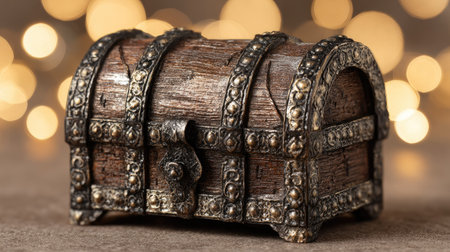 An aged wooden treasure chest is the central focus, showcasing ornate metal detailing. The chest sits atop a surface, illuminated with soft lighting. A blurred background suggests a warm, inviting setting. This image is suitable for various commercial uses, including historical themes or concepts of wealth.の素材