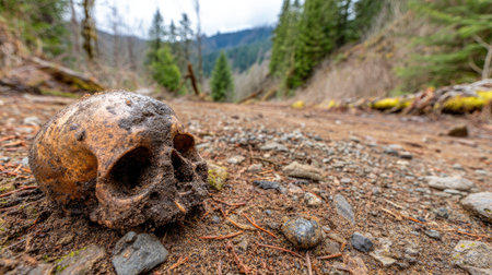 A close-up captures a weathered human skull resting on a forest trail, with a blurred backdrop of trees and a mountain range. The skull exhibits earthy tones and textures, contrasting with the natural environment. This composition evokes themes of mortality and natural cycles, suitable for editorial and educational projects.の素材