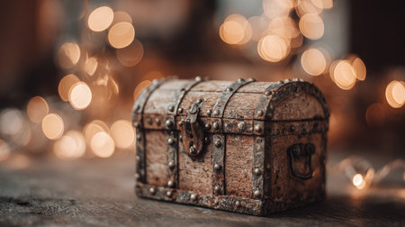 An antique treasure chest sits on a weathered wooden surface, illuminated by warm lighting. The chest, featuring metal accents and a secure lock, is the central focus. The composition includes a blurred background of soft, out-of-focus lights. This image is suitable for various commercial purposes, including historical themes or design elements.の素材