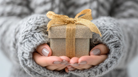 A person cradles a small gift box, its beige surface contrasted by a gold ribbon and bow. The image showcases soft textures and muted colors, with the focus on the central subject. The composition suggests an intimate setting, with potential uses in seasonal promotions or holiday-themed materials.の素材