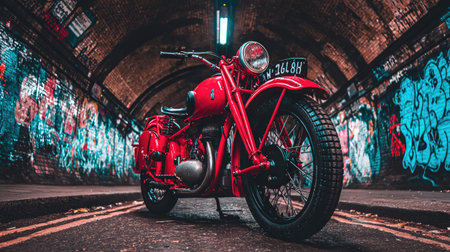 A classic red motorcycle sits prominently in a tunnel covered in colorful graffiti. The image showcases the vehicle's design and details against a backdrop of urban art. Warm lighting creates contrast and highlights the textured environment. Suitable for editorial projects, advertising, or design-related purposes.の素材