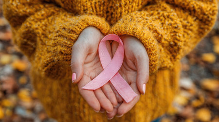 A person holds a pink ribbon, a symbol of breast cancer awareness. The image presents a close-up view with a focus on the hands and ribbon, set against a blurred background. The color palette primarily features warm tones with textures, suggesting a day setting. This image is suitable for health and awareness campaigns, editorial content, and related purposes.の素材