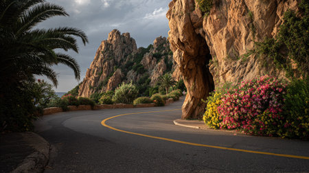 A curved road leads through a natural landscape featuring rocky formations and a tunnel. The scene showcases lush greenery, blooming flowers, and dramatic lighting. This image captures the beauty of nature and could be used for travel, tourism, or environmental themes.の素材