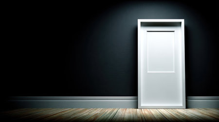 A white door stands out against a deep black wall illuminated by a spotlight. The composition showcases clean lines and sharp contrasts with a polished wooden floor. This dramatic visual could be suitable for editorial use, conveying themes of decisions, pathways, or mystery. The image suggests interior space with strong directional lighting.の素材