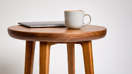 A wooden stool holds a laptop and a ceramic coffee cup against a plain white backdrop. The composition features warm tones from the wood contrasted by the neutral background. The scene suggests a minimalist workspace with the potential for commercial use in areas such as design or lifestyle themes.の素材