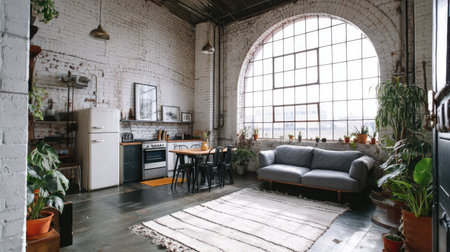 An interior scene showcases an industrial-style apartment. The image depicts a large arched window illuminating the room, featuring a sofa, rug, and dining area. The lighting appears natural, with a focus on textures of brick, concrete, and metal. This versatile image suits editorial projects and commercial applications.の素材