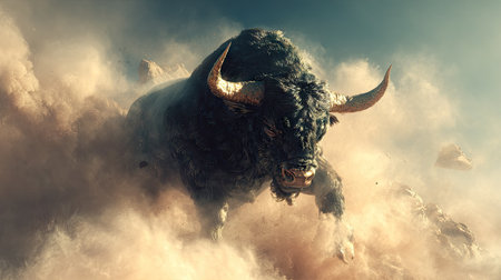 A powerful bison is captured mid-charge, enveloped in a swirling cloud of dust. The image showcases the animal's dark fur and large horns. Warm hues dominate the scene, suggesting an outdoor environment with dramatic lighting. Suitable for use in various commercial applications that require impactful visuals.の素材