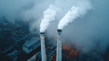 Two tall smokestacks release voluminous white plumes of smoke into an overcast sky. The image features a muted color palette, emphasizing the industrial setting and atmospheric conditions. The composition may be suitable for illustrating environmental concerns or representing industrial processes, suitable for various commercial purposes.の素材