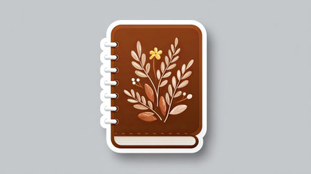 An illustrated notebook is centrally positioned against a neutral background. The book features a brown cover adorned with a floral design in shades of brown and yellow. The style is illustrative with a clean aesthetic. The setting appears to be simple, suggesting potential applications for stationery or design concepts.の素材