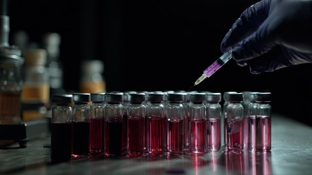 A gloved hand uses a syringe to interact with a series of vials. The image displays a close-up shot of the vials with varying shades of red and purple. Dark, selective lighting creates a focused composition. Suitable for illustrating scientific, medical, and research-related themes in editorial or commercial content.の素材