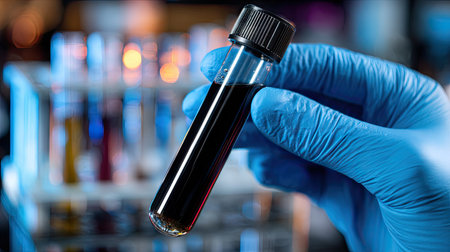 A close-up captures a gloved hand holding a test tube filled with a dark liquid. The image displays a shallow depth of field, with the tube in focus and other samples in the background. It emphasizes the medical or scientific context and could be used for healthcare publications.の素材