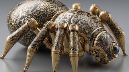 A detailed sculpture of a spider is presented, featuring ornate golden accents against a neutral backdrop. The artwork displays a combination of textures and tones. It may be suitable for artistic illustrations, design projects, or potentially for use in publications focused on artistry.の素材