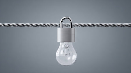 An illuminated light bulb, secured by a padlock, is suspended on a metal wire against a gray backdrop. The image features a clear, conceptual composition with soft lighting. This visual can be suitable for use in educational materials, business presentations, or illustrations related to security, ideas, and innovation.の素材