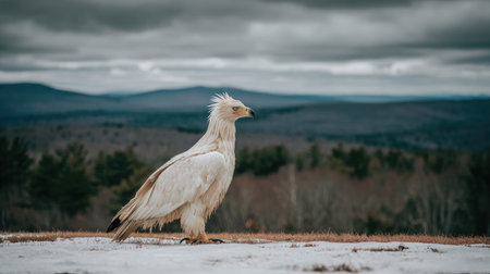 A striking bird with white plumage stands prominently against a backdrop of rolling hills and a cloudy sky. The photograph captures the avian subject in sharp detail, revealing textured feathers and a focused gaze. The overall aesthetic is naturalistic, with a soft focus in the background, suitable for diverse editorial or commercial applications.の素材