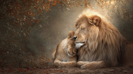 A lion and lioness are depicted in a tender embrace, showcasing a moment of affection. The image features warm, earthy tones, soft lighting, and a shallow depth of field, highlighting the subjects. It may be suitable for various commercial uses, including illustrations and editorial content.の素材