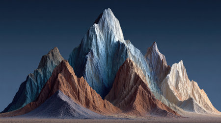 This illustration showcases a stylized mountain range. The peaks exhibit a diverse array of colors and textures. The composition uses a dark gradient background. This image could be used in design projects, advertising campaigns, or for editorial purposes, providing a visual element.の素材
