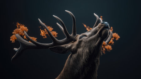 A stag with large antlers is displayed against a dark background, accented by orange abstract elements resembling flames or leaves. The image presents a dramatic composition with focused lighting. Potential uses include editorial illustrations, artistic projects, and various visual media.の素材