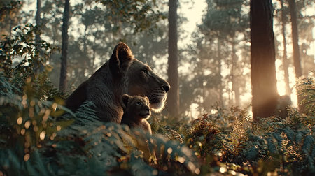 A lioness and her cub are depicted amongst lush foliage within a sun-drenched forest. The warm lighting illuminates the scene, highlighting the textures of the fur and surrounding vegetation. This image portrays an outdoor setting with potential applications in natural history, conservation, or editorial projects.の素材