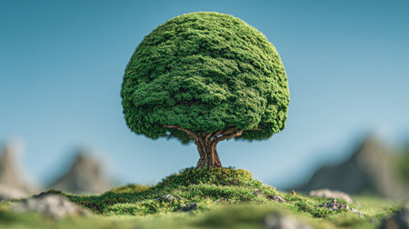 A single tree stands prominently atop a small hill in this image. The tree features lush green foliage and a brown trunk. The composition showcases a soft, blurred background, with a focus on environmental themes. The scene could be used in various commercial projects, relating to nature and sustainability.の素材