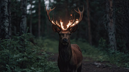 A stag stands prominently in a dark forest setting, its impressive antlers wreathed in flames. The artwork utilizes a muted color palette, emphasizing the contrast between the deer's form and the surrounding foliage. The composition and dramatic lighting suggest potential uses in creative projects and visual storytelling.の素材