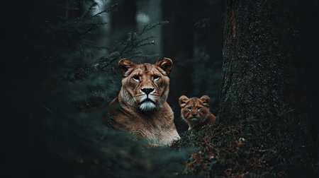A lioness and her cub are observed amidst a dense, dark forest setting. The image showcases the animals' warm tones against a backdrop of shadowed greens and browns. The composition presents a close-up, emphasizing the textures of fur and foliage, with soft lighting suggesting an overcast day. Suitable for various editorial and commercial applications.の素材