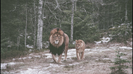 Two lions traverse a forest environment, likely during daylight. The image displays a natural composition with soft lighting and a muted color palette. The lions, featuring distinct manes, evoke a sense of the wild. Suitable for diverse editorial and commercial applications related to nature and wildlife.の素材