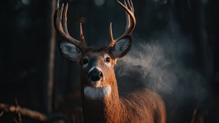 A close-up image portrays a buck deer with large antlers. The deer has brown fur and white markings. The image uses a shallow depth of field, with the background blurred, and the scene is illuminated by soft lighting. The image suggests potential use in wildlife and nature-related publications and commercial projects.の素材