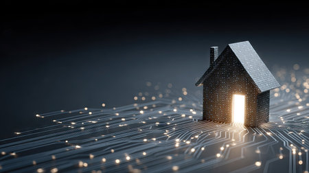 A small house model with an illuminated doorway sits atop an abstract network of circuits. The composition features a shallow depth of field, highlighting the house against a dark backdrop. Bright, artificial light emits from the doorway, creating a contrast. Suitable for digital technology or finance themes.の素材
