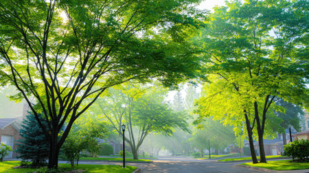 An image captures a street scene with vibrant green trees and a soft sunlight. The composition features a row of leafy trees, casting shadows on the paved road. The style is naturalistic, with a focus on color and light. Suitable for various editorial and commercial projects needing a sense of serenity or nature.の素材