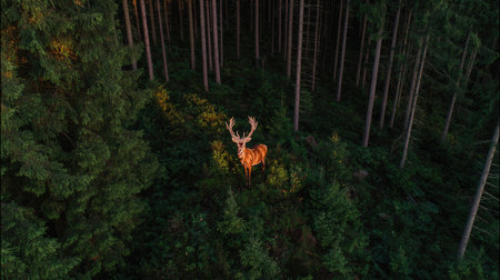 An aerial perspective showcases a deer amidst a thick forest, its antlers illuminated by golden sunlight. The composition emphasizes the contrast between the dark green foliage and the warm tones of the animal. This natural scene could be utilized for various commercial and editorial applications that require imagery of wildlife and nature.の素材