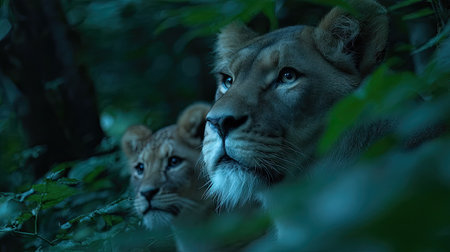 Two lions are seen partially hidden by dense green vegetation. The scene features soft lighting, possibly indicating dawn or dusk. The image's composition focuses on the lions, highlighting their watchful expressions. It may be suitable for illustrating wildlife, nature, or environmental topics. Commercial uses are possible.の素材