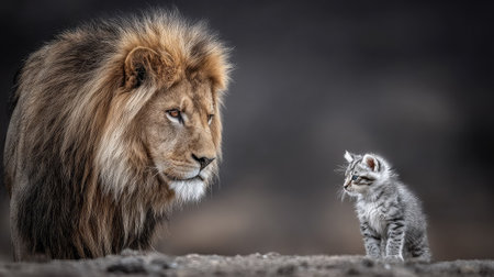 A striking image presents a large lion and a small kitten facing each other. The composition highlights a stark contrast in size and appearance, set against a blurred background. This visual could be utilized in commercial projects, emphasizing themes of dominance, vulnerability, or unexpected relationships.の素材