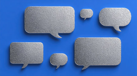 Several metallic speech bubbles of varying sizes are arranged against a vibrant blue backdrop. The bubbles display a textured appearance with subtle variations in color. The composition uses overhead lighting, creating a clean and modern look. This image is suitable for illustrating ideas around communication and messaging.の素材