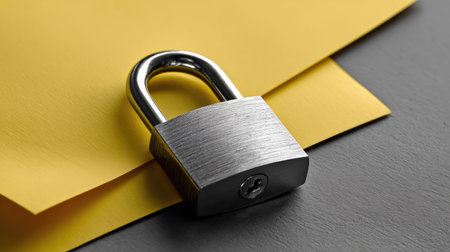 A close-up image presents a silver padlock resting on a yellow envelope and a gray surface. The composition uses a shallow depth of field, highlighting the metallic texture. It suggests themes of security and confidentiality. This image could be used for illustrations related to finance, data protection, or secure communication.の素材