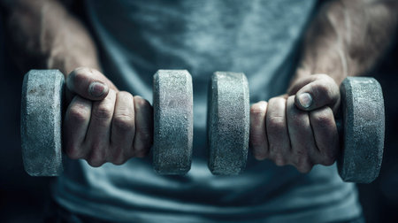 A man's hands firmly grasp two dumbbells, the focus of the image. The composition showcases a close-up view with muted colors and textured details. The style suggests strength and fitness in a studio environment. This image is suitable for various commercial uses, including health and wellness content.の素材