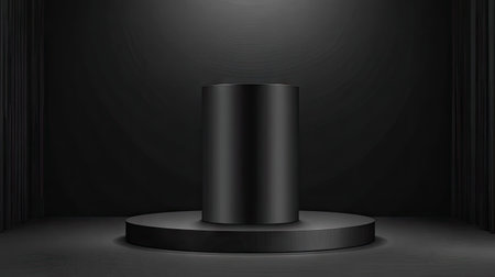 A cylindrical product display stage stands prominently against a dark backdrop. The design incorporates a circular base, a central cylinder, and a simple, yet elegant style. The scene is illuminated by focused lighting, creating shadows and enhancing the three-dimensional effect. This backdrop is suitable for various commercial purposes, including advertising and product showcasing.の素材