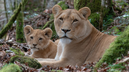 A lioness and her cub are observed resting in a natural setting. The image features warm tones of tan and brown, with green foliage providing a natural backdrop. The composition highlights the animals amidst leaves and moss. Suitable for illustrative, editorial, or commercial applications.の素材