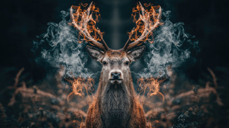 A striking image featuring a deer with imposing antlers enveloped in flames and smoke. The composition presents the animal centered, its features sharply defined. The artwork employs a dark palette with contrasting warm hues, creating a dramatic and intriguing visual effect. This image is suitable for various commercial uses, including digital art and editorial content.の素材