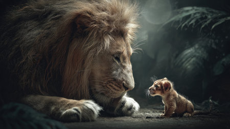 A large lion and a small dog are depicted in a close interaction against a dark, possibly forested background. The scene showcases contrasting sizes and textures, with the lion's fur detailed and the dog appearing small and attentive. The image may be suitable for illustrating concepts of companionship or contrast, useful for various commercial and editorial projects.の素材