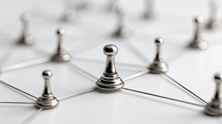 Metal pawn pieces are interconnected with lines, symbolizing a network. The composition is shallow depth of field, set against a white background. The shiny pawns and lines suggest structure, coordination, and connectivity. Suitable for illustrating ideas related to business, strategy, and teamwork. Offers potential for use in a variety of commercial contexts.の素材