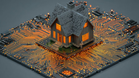 A miniature house sits atop a complex circuit board, suggesting smart home technology. The composition features warm interior lighting emanating from the house and vibrant orange and gold hues across the board. The image is likely suited for commercial use in the fields of technology and real estate.の素材