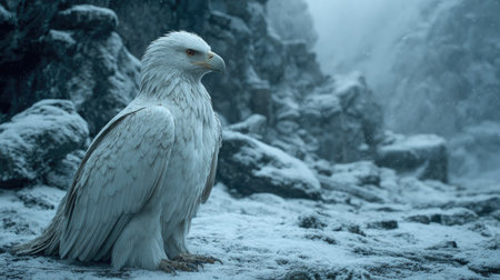 A striking white eagle is the central focus, perched on a snow-covered surface. The image exhibits a cool color palette with prominent shades of white, gray, and blue. The composition, featuring the eagle in a frontal view, suggests a remote, icy environment, suitable for various editorial and commercial applications.の素材